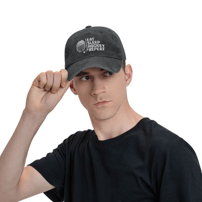 Adjustable Trucker Dad Hat, Women Mens Eat Sleep Hockey Repeat Printed Baseball Cap, Baseball Snapback Cap