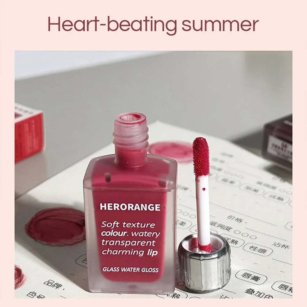 Lightly Glass Water Gloss, Herorange Lip Glaze, Mirror Moisturizing Plump Lips, Long-Lasting Makeup, No Cup Sticking