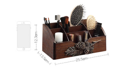 Wooden Vintage Rotating Makeup Dresser, Storage Box with Parts Drawer, Spinning Rack for Cosmetics, Jewelry