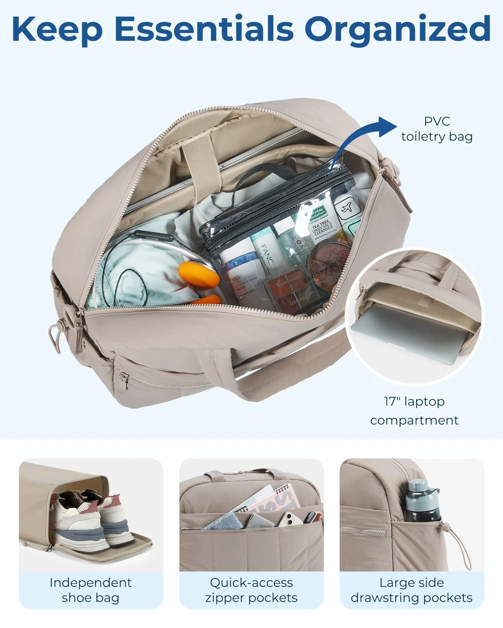 3Piece Lightweight Travel Duffel Bag Set With Shoe Bag And TSAApproved Toiletry Bag  Large Capacity 2