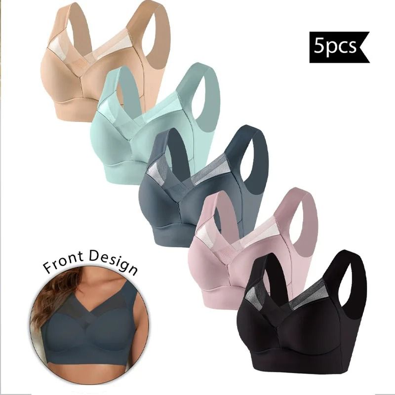 5PCS Women Sports Bras Full Cup Brassiere Female Sexy V Neck Lace Splicing Bralette Large Wireless Size Soft Sleepwear L