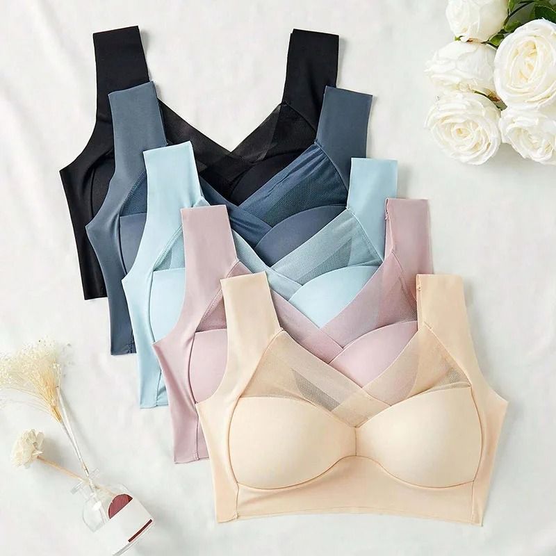 5PCS Women Sports Bras Full Cup Brassiere Female Sexy V Neck Lace Splicing Bralette Large Wireless  1