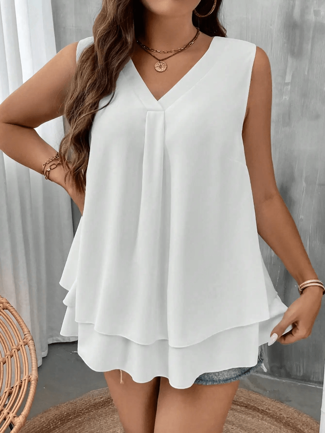 Flattering Flow Double Hem Plus Size Summer Vest Sleeveless V Neck Tank 3