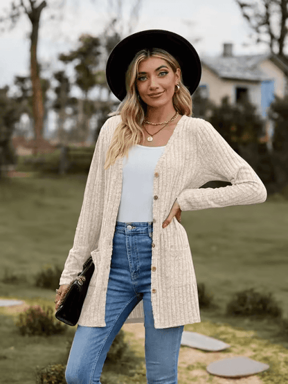 CozyFit V Neck Button Cardigan Soft Long Sleeve Ladies Casual Jacket