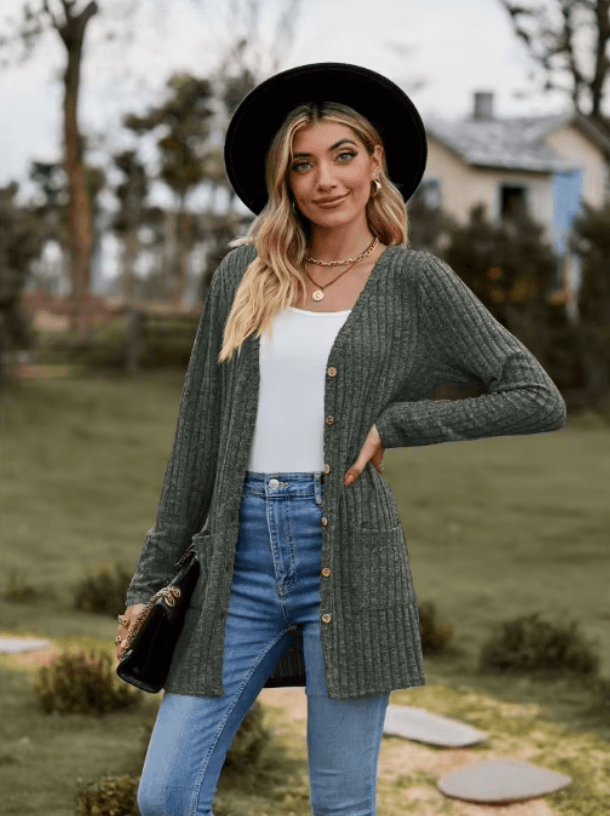 CozyFit V Neck Button Cardigan Soft Long Sleeve Ladies Casual Jacket 2