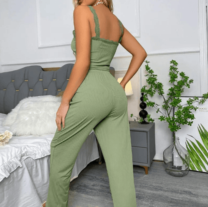 Soft Lace Trim Womens Two Piece Pajama Set With Spaghetti Strap Top And Pants 1