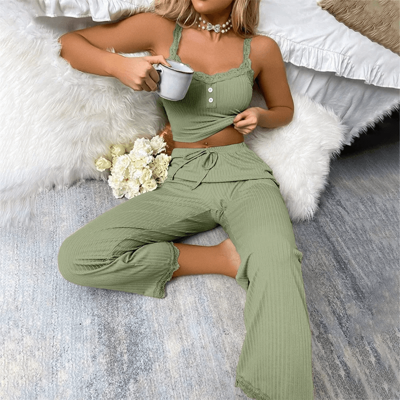 Soft Lace Trim Womens Two Piece Pajama Set With Spaghetti Strap Top And Pants 2