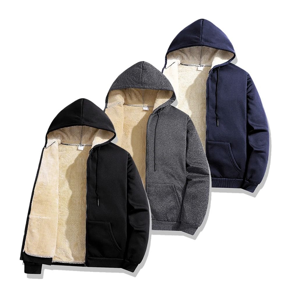 Mens Warm Lambswool Winter Hoodie Jacket Plus Sizes Casual Zip Up Long Sleeve