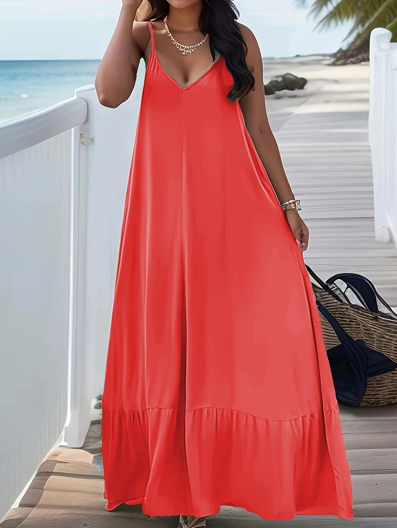 Plus Size Womens V Neck Suspender Dress Casual Summer Solid Color 1