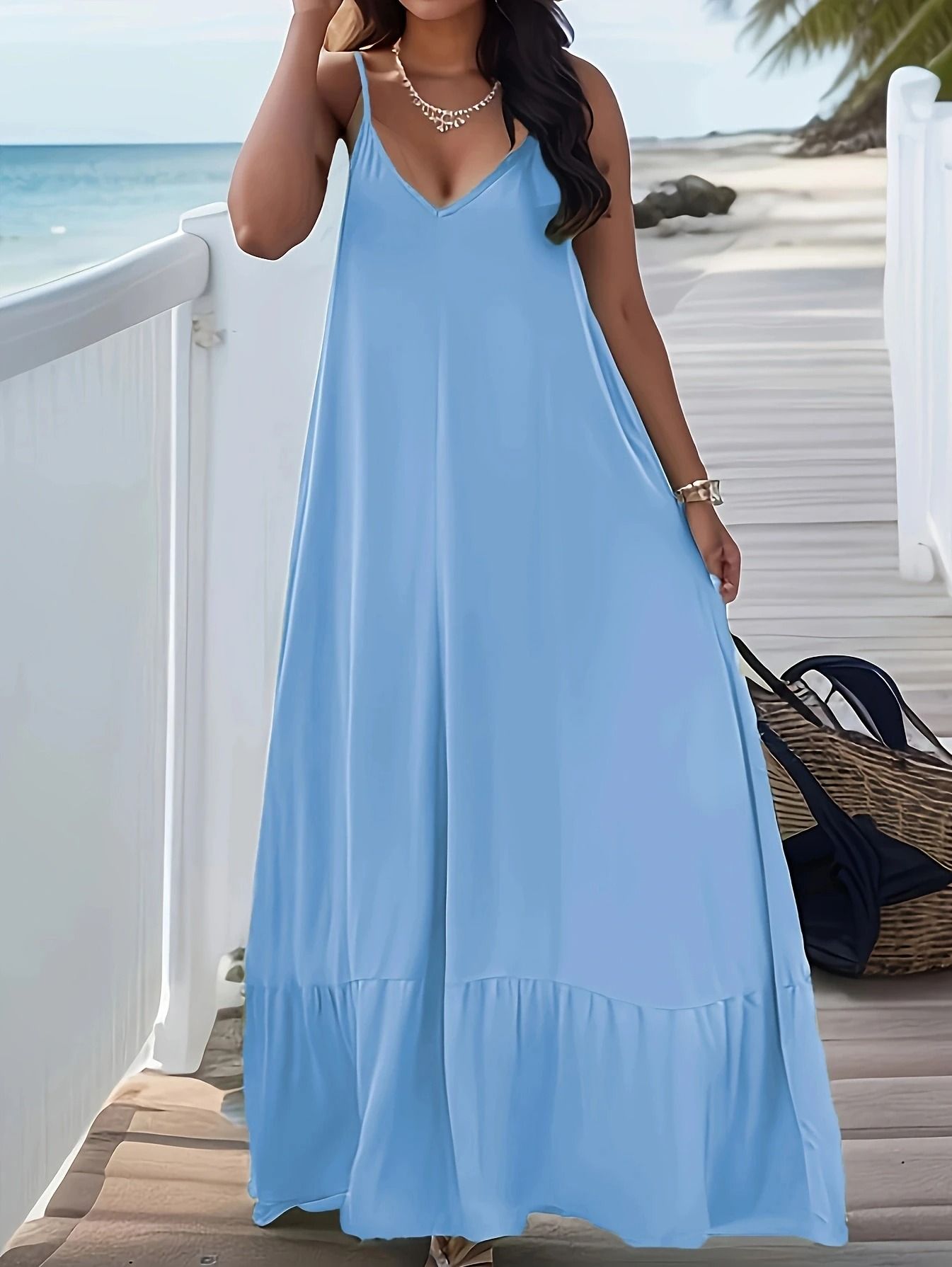 Plus Size Womens V Neck Suspender Dress Casual Summer Solid Color 7