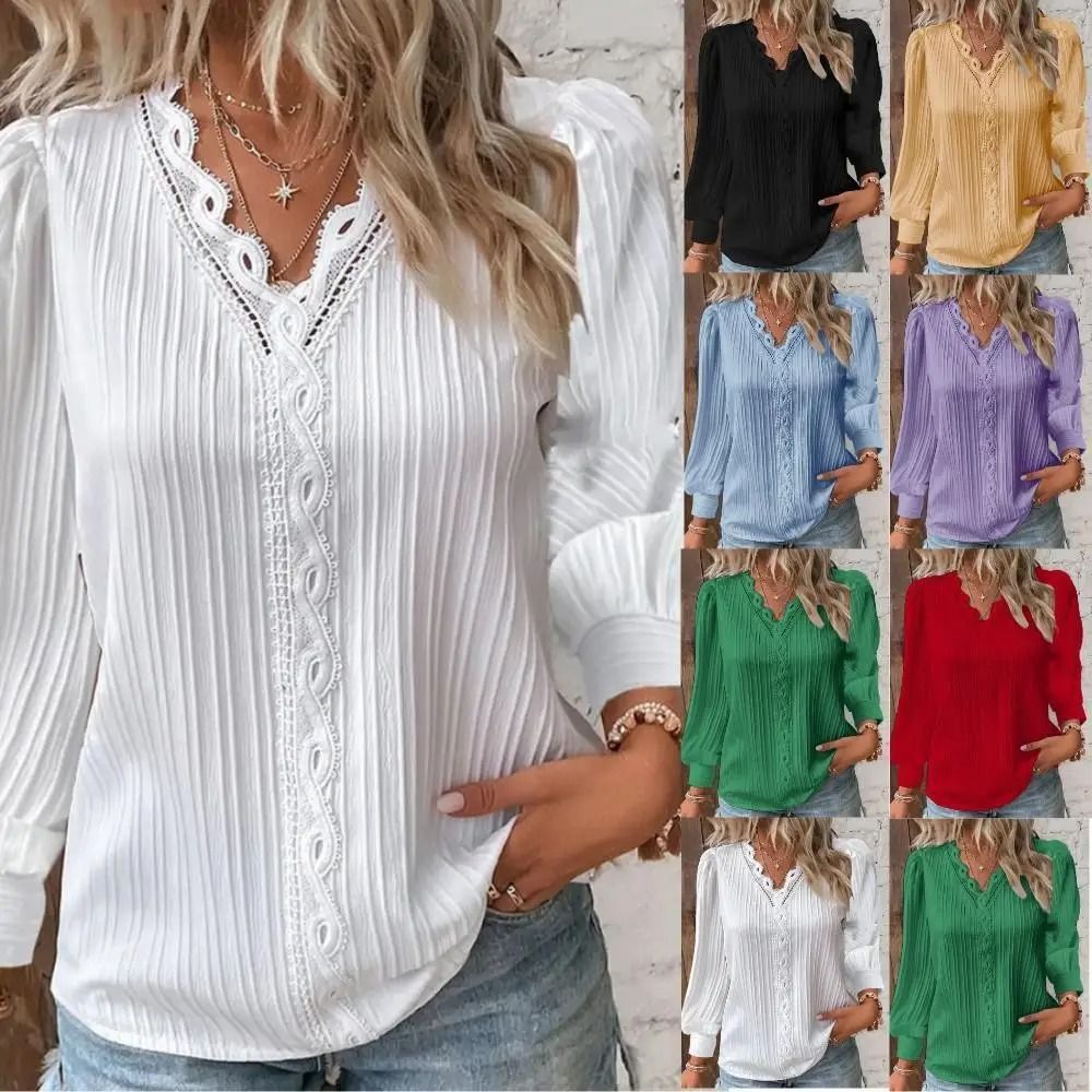 Womens Lace Stitch Pullover Chiffon V Neck Long Sleeve Blouse