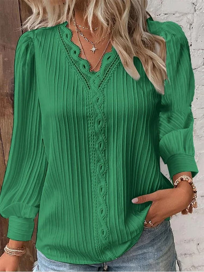 Womens Lace Stitch Pullover Chiffon V Neck Long Sleeve Blouse 1