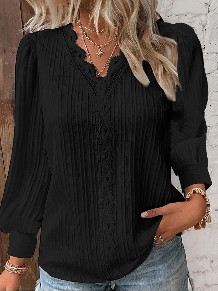 Womens Lace Stitch Pullover Chiffon V Neck Long Sleeve Blouse 2