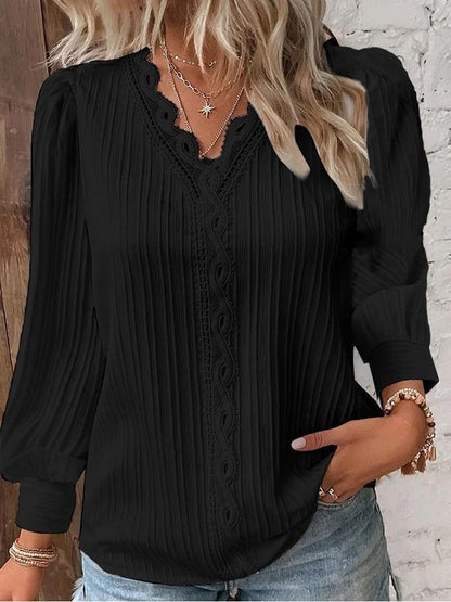 Womens Lace Stitch Pullover Chiffon V Neck Long Sleeve Blouse 2