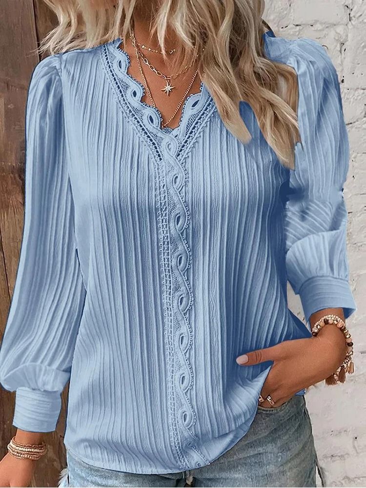 Womens Lace Stitch Pullover Chiffon V Neck Long Sleeve Blouse 3