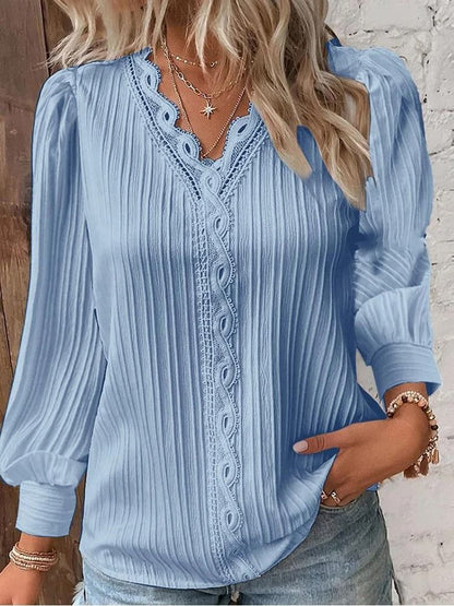 Womens Lace Stitch Pullover Chiffon V Neck Long Sleeve Blouse 3