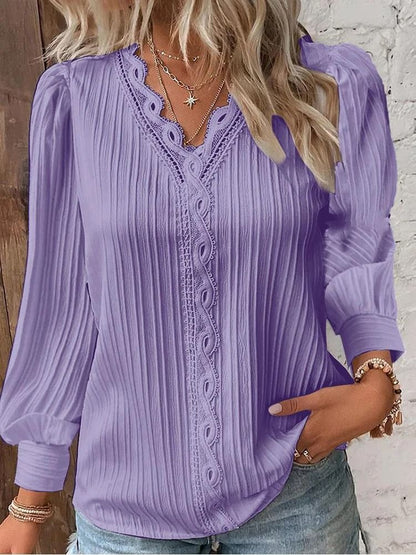 Womens Lace Stitch Pullover Chiffon V Neck Long Sleeve Blouse 9