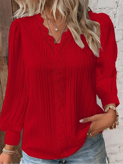 Womens Lace Stitch Pullover Chiffon V Neck Long Sleeve Blouse 11