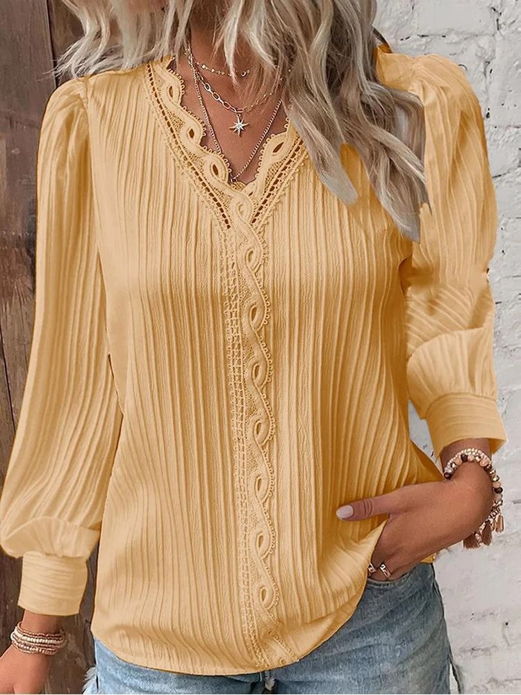 Womens Lace Stitch Pullover Chiffon V Neck Long Sleeve Blouse 12