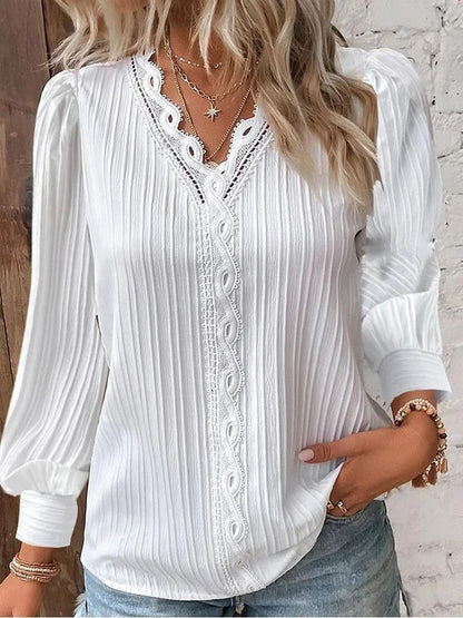 Womens Lace Stitch Pullover Chiffon V Neck Long Sleeve Blouse 6