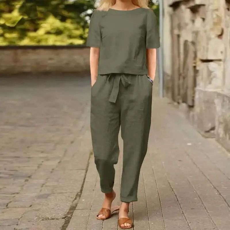 Womens Cotton Linen Matching Suit Lightweight Wide Leg Pants And Tie Waist Top 9