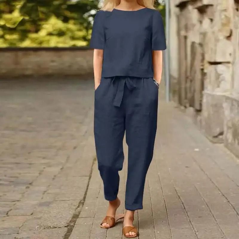 Womens Cotton Linen Matching Suit Lightweight Wide Leg Pants And Tie Waist Top 1