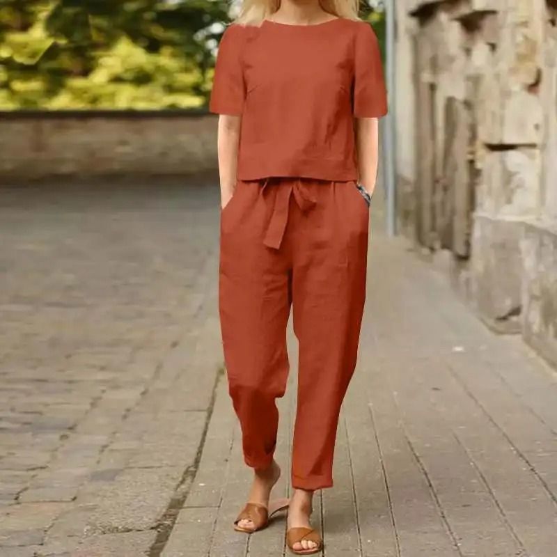 Womens Cotton Linen Matching Suit Lightweight Wide Leg Pants And Tie Waist Top 2