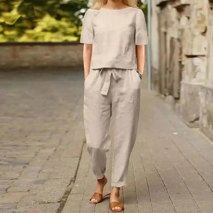Womens Cotton Linen Matching Suit Lightweight Wide Leg Pants And Tie Waist Top 6