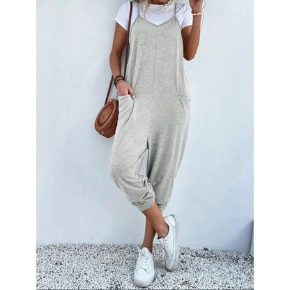 Plus Size Casual Summer Women Loose Sleeveless Strap Wide Leg Jumpsuit With Pockets 6