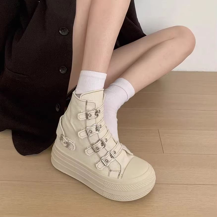 CHABELLA Womens High Top Canvas Sneakers With Buckle Strap  Side Zip  Street Style Comfort Shoes 1