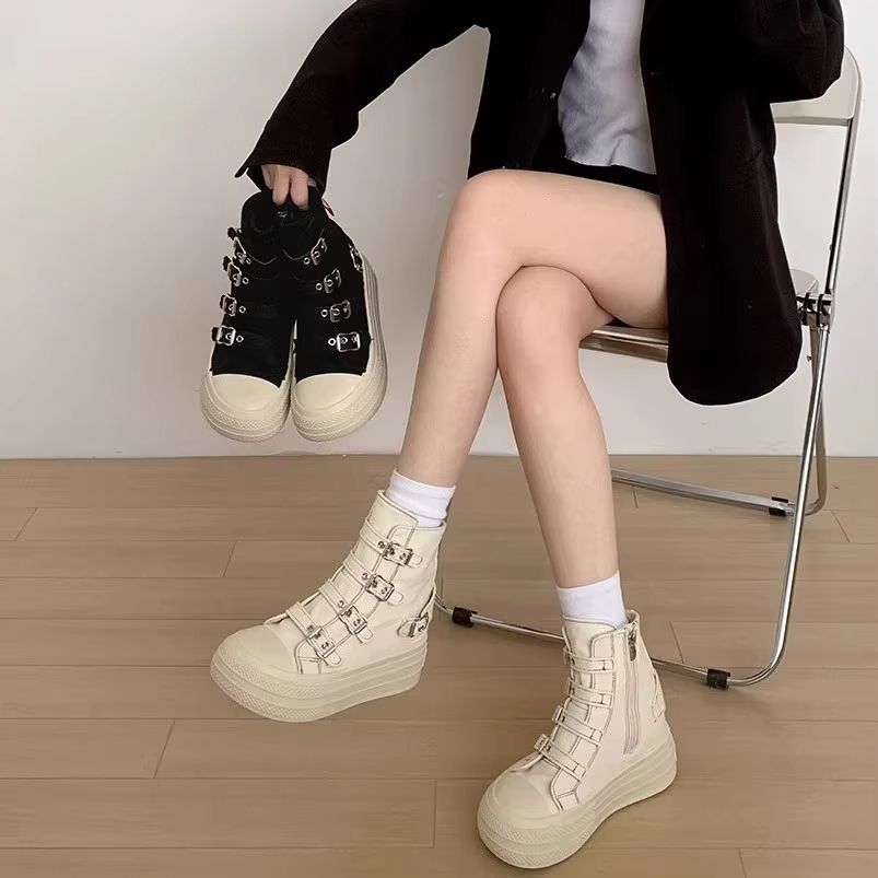 CHABELLA Womens High Top Canvas Sneakers With Buckle Strap  Side Zip  Street Style Comfort Shoes 2