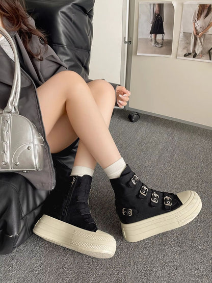 CHABELLA Womens High Top Canvas Sneakers With Buckle Strap  Side Zip  Street Style Comfort Shoes 3