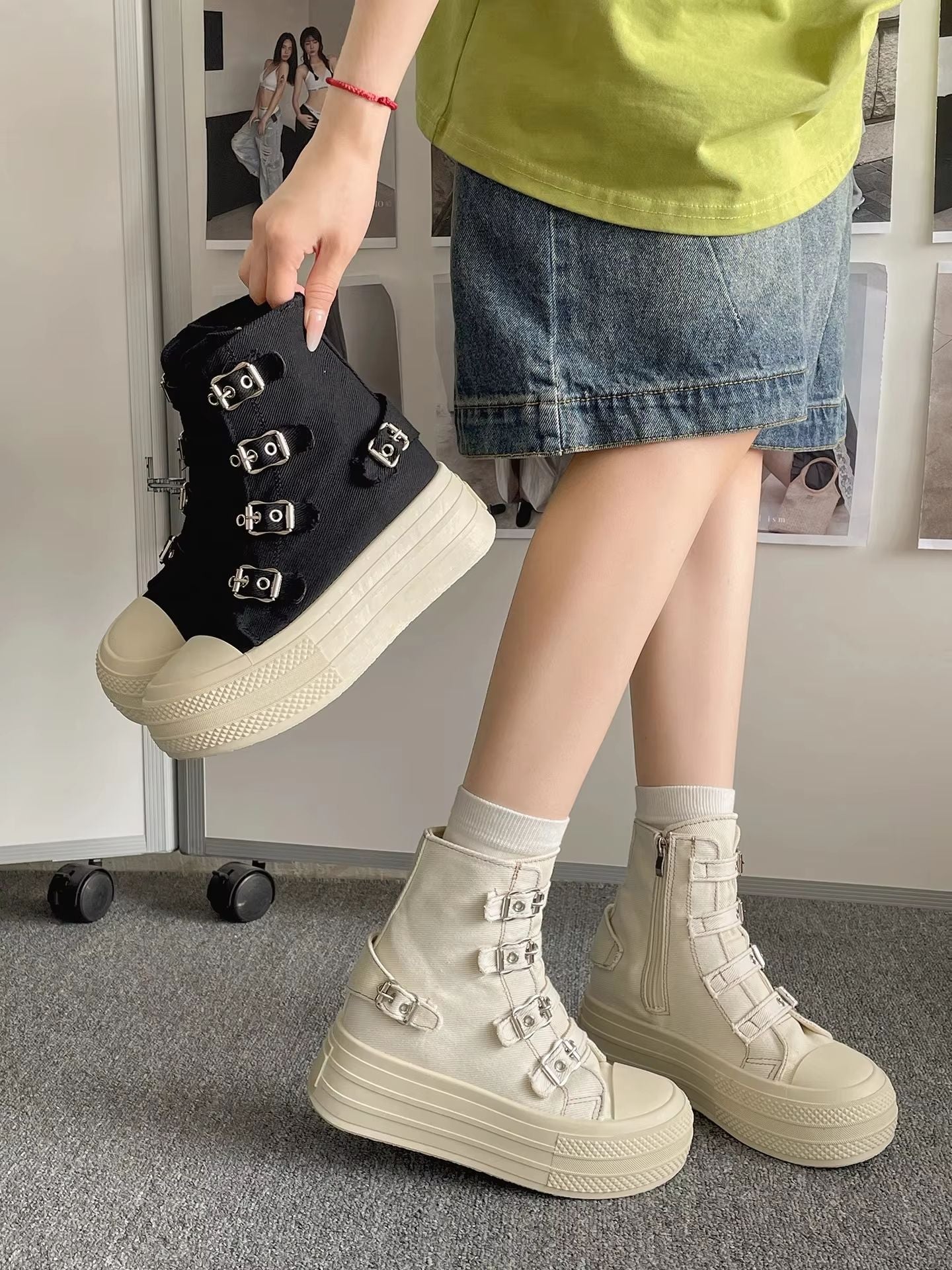 CHABELLA Womens High Top Canvas Sneakers With Buckle Strap  Side Zip  Street Style Comfort Shoes 4