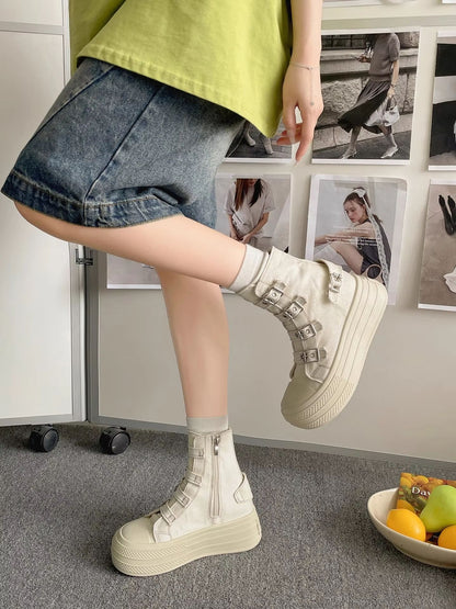 CHABELLA Womens High Top Canvas Sneakers With Buckle Strap  Side Zip  Street Style Comfort Shoes 5