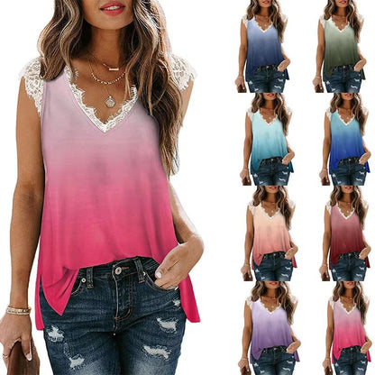 Womens Gradient Print V-Neck Sleeveless Top with Lace Patchwork – Casual Summer T-Shirt
