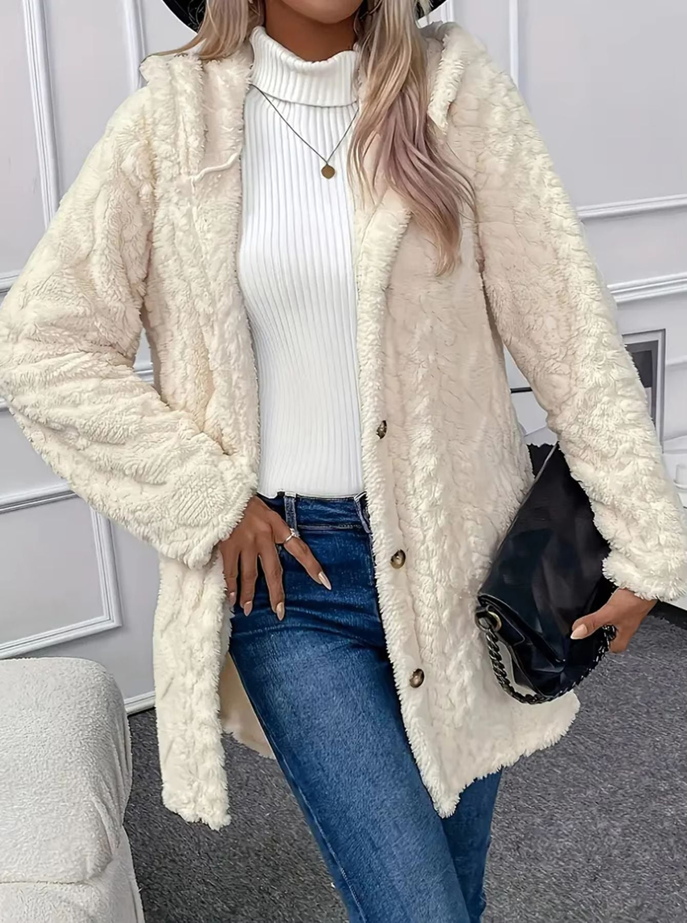 CozyChic Womens Plush Winter Jacket  Thickened Solid Color Button Casual Coat 3