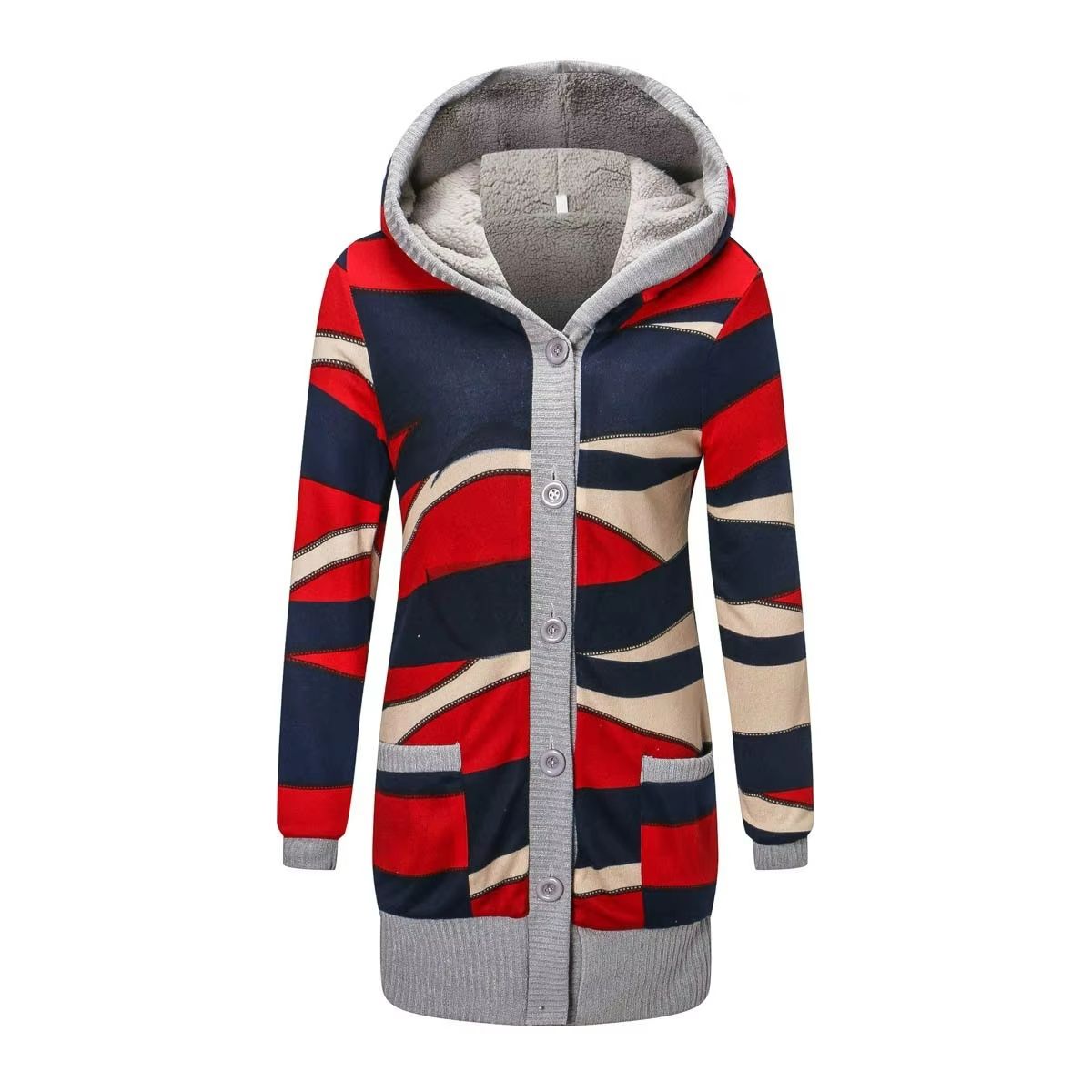 Cozy Striped Hooded Women's Cardigan – Plush Lined, Long Sleeve Autumn Winter Sweater Coat