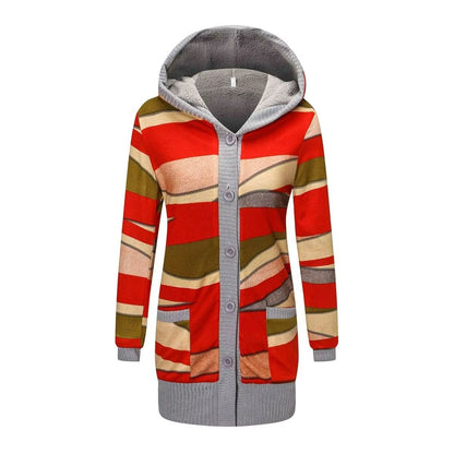 Cozy Striped Hooded Womens Cardigan  Plush Lined Long Sleeve Autumn Winter Sweater Coat 2