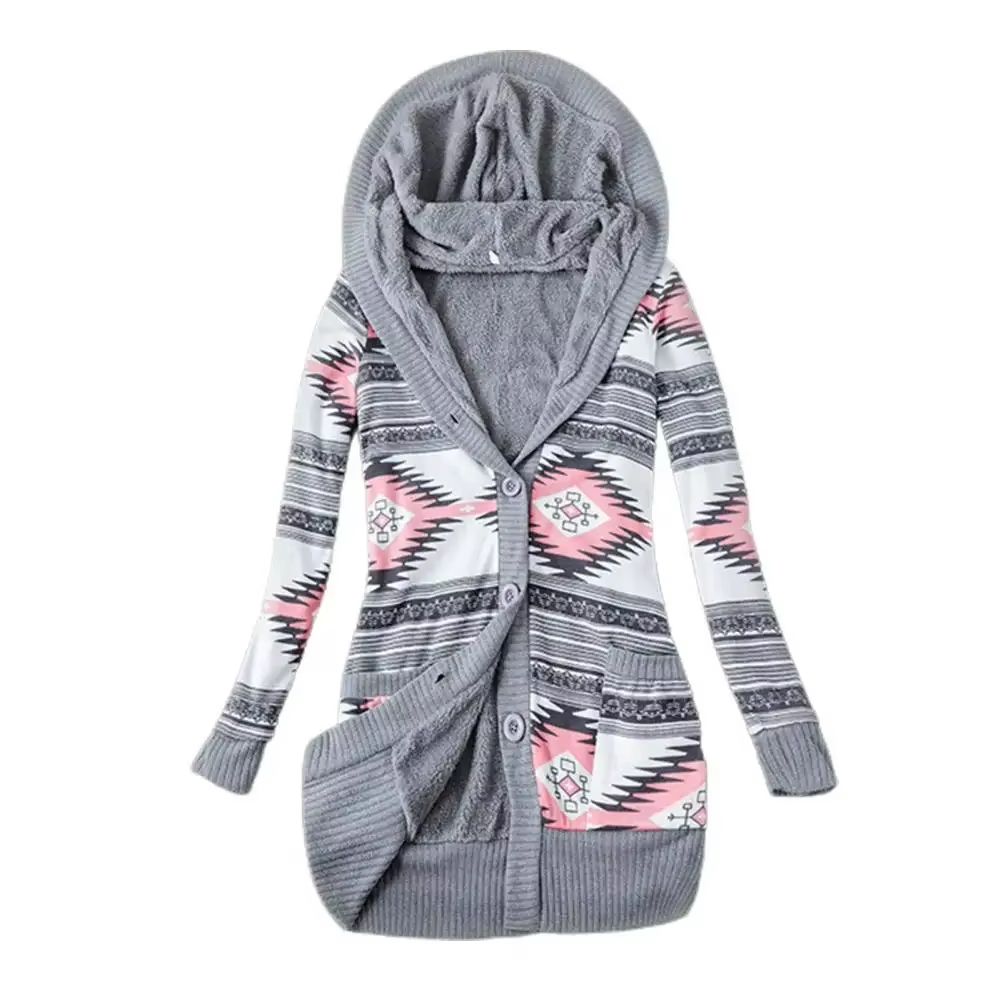 Cozy Striped Hooded Womens Cardigan  Plush Lined Long Sleeve Autumn Winter Sweater Coat 9