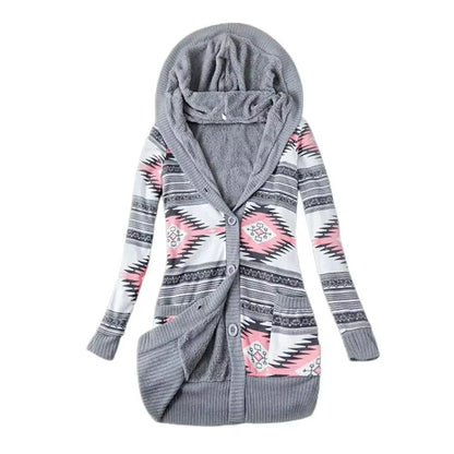 Cozy Striped Hooded Womens Cardigan  Plush Lined Long Sleeve Autumn Winter Sweater Coat 9