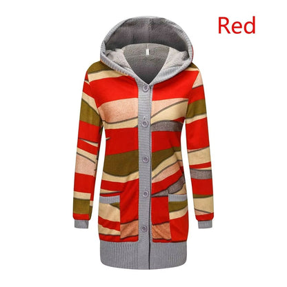 Cozy Striped Hooded Womens Cardigan  Plush Lined Long Sleeve Autumn Winter Sweater Coat 7