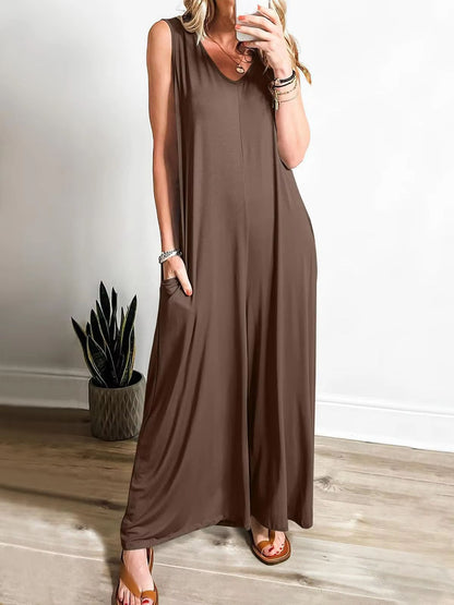 Summer V Neck Wide Leg Jumpsuit  Loose Backless Sleeveless Overalls With Pockets 9