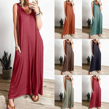 Summer V Neck Wide Leg Jumpsuit  Loose Backless Sleeveless Overalls With Pockets 1