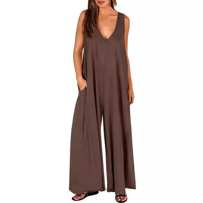 Summer V Neck Wide Leg Jumpsuit  Loose Backless Sleeveless Overalls With Pockets 4