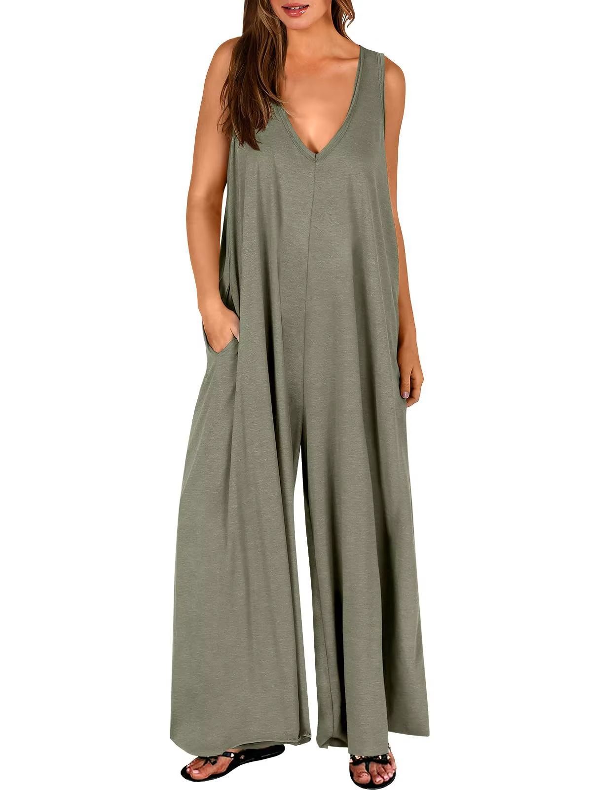 Summer V Neck Wide Leg Jumpsuit  Loose Backless Sleeveless Overalls With Pockets 6