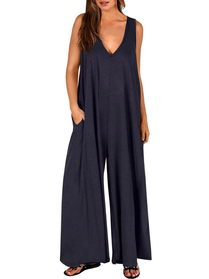 Summer V Neck Wide Leg Jumpsuit  Loose Backless Sleeveless Overalls With Pockets 7