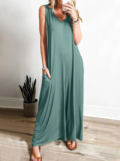 Summer V Neck Wide Leg Jumpsuit  Loose Backless Sleeveless Overalls With Pockets 8