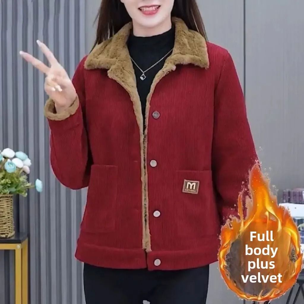 Plus Size Corduroy Short Coat Winter Thickened Warm Slimming Jacket