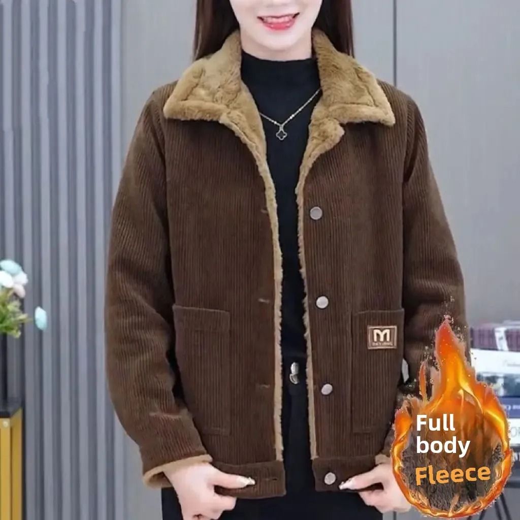 Plus Size Corduroy Short Coat Winter Thickened Warm Slimming Jacket 1