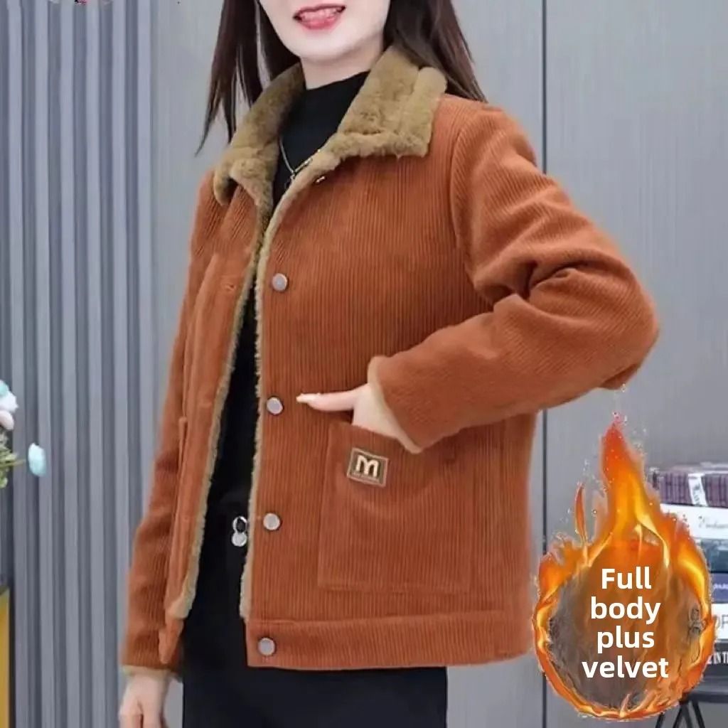 Plus Size Corduroy Short Coat Winter Thickened Warm Slimming Jacket 2